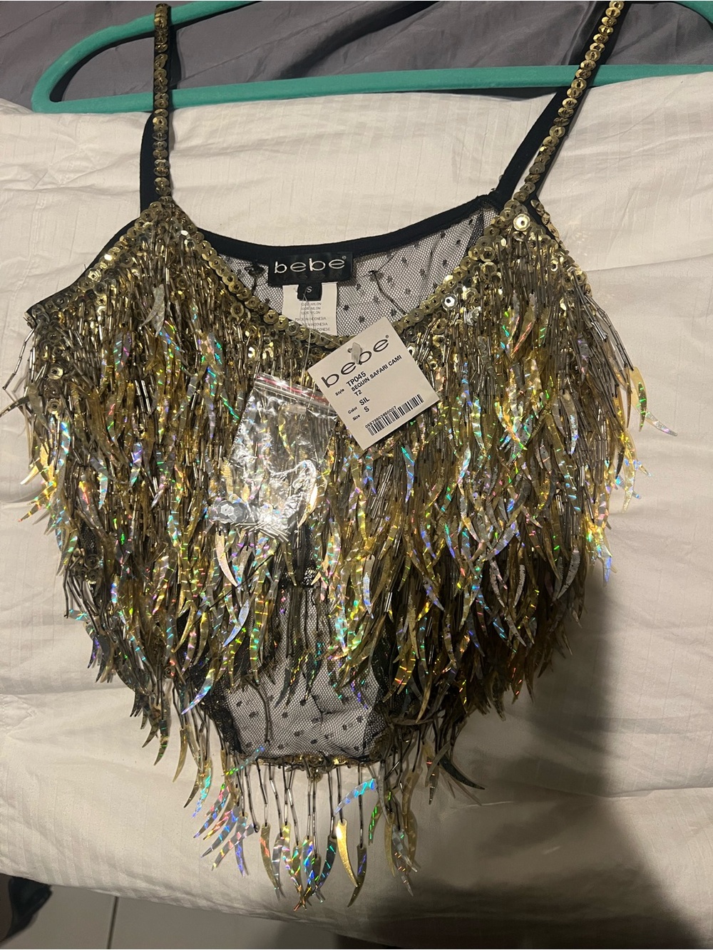 bebe VINTAGE Gold/Silver Holographic Sequin Fringe Crop Top NEVER WORN!! - Picture 8 of 10